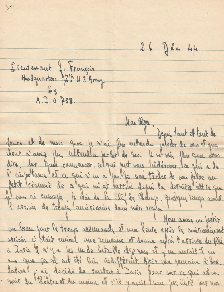 Jacques FRANÇOIS Émouvante lettre durant la guerre.