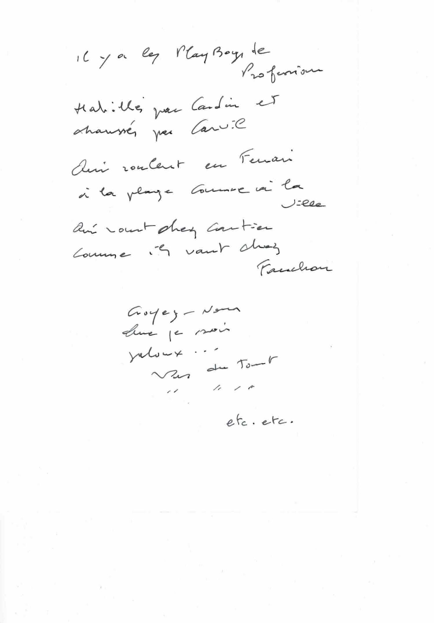 Jacques DUTRONC Manuscrit autographe 