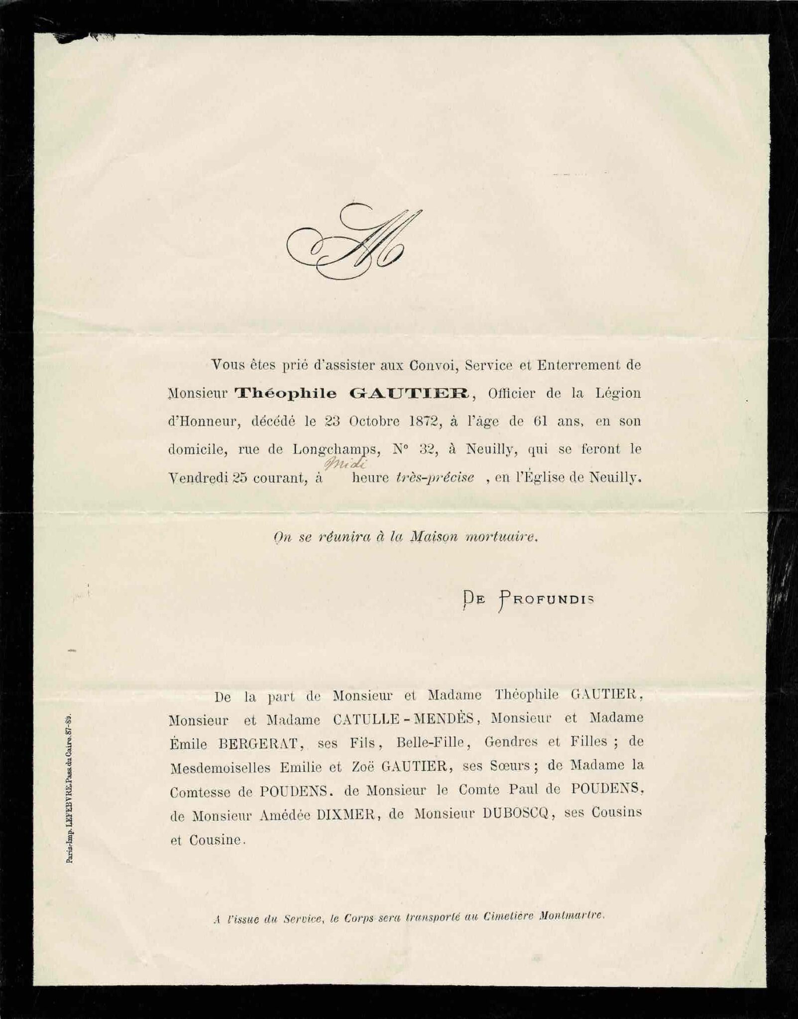 FairePart original annonçant les funérailles de Théophile GAUTIER.