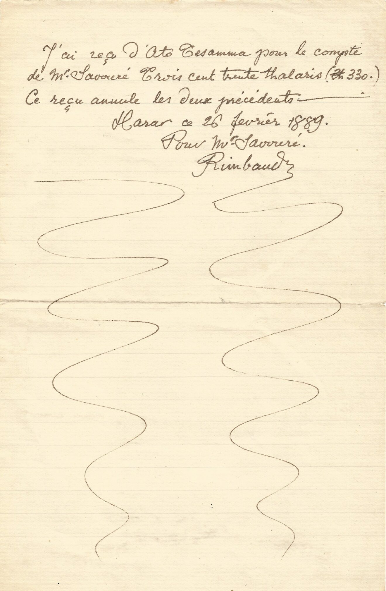 Arthur RIMBAUD - Manuscrit autographe signé. Harar, 1889.