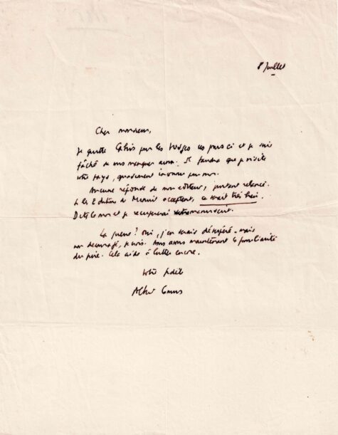 Albert CAMUS entrevoit, avec philosophie, la guerre en Algérie. 1954.