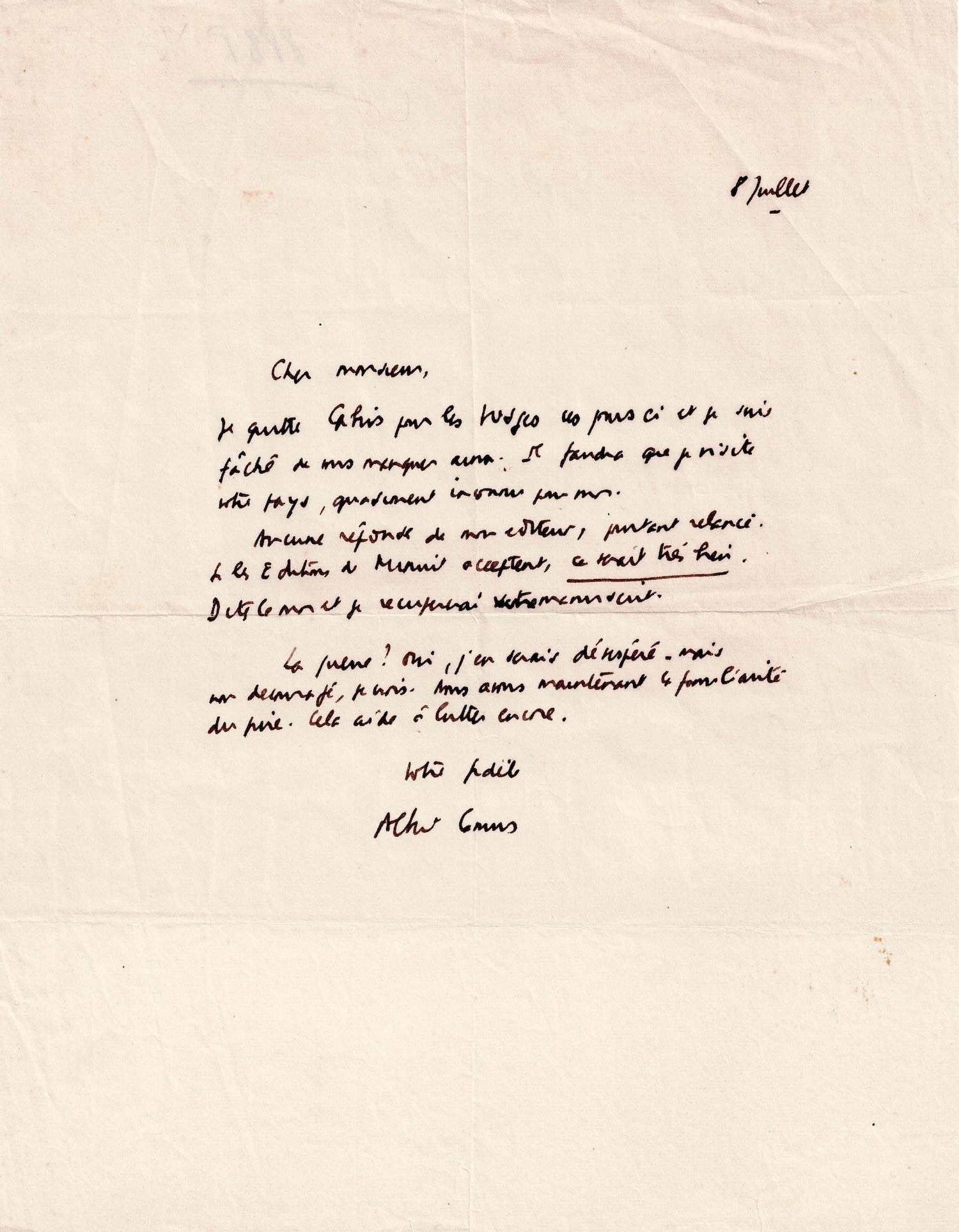 Albert CAMUS entrevoit, avec philosophie, la guerre en Algérie. 1954.