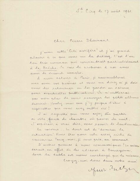 André BRETON encourage le jeune poète Pierre Dhainaut. 1961.