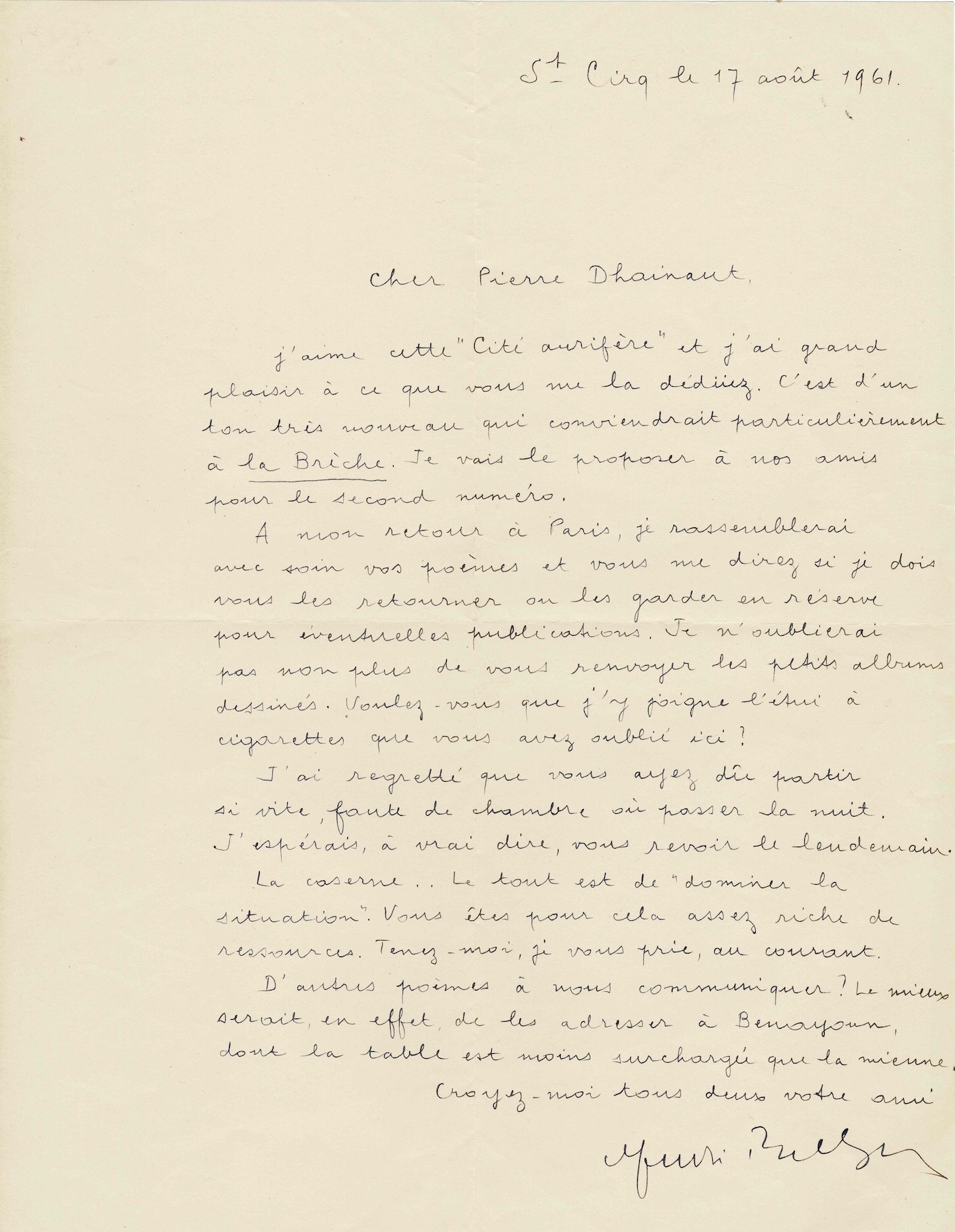 André BRETON encourage le jeune poète Pierre Dhainaut. 1961.