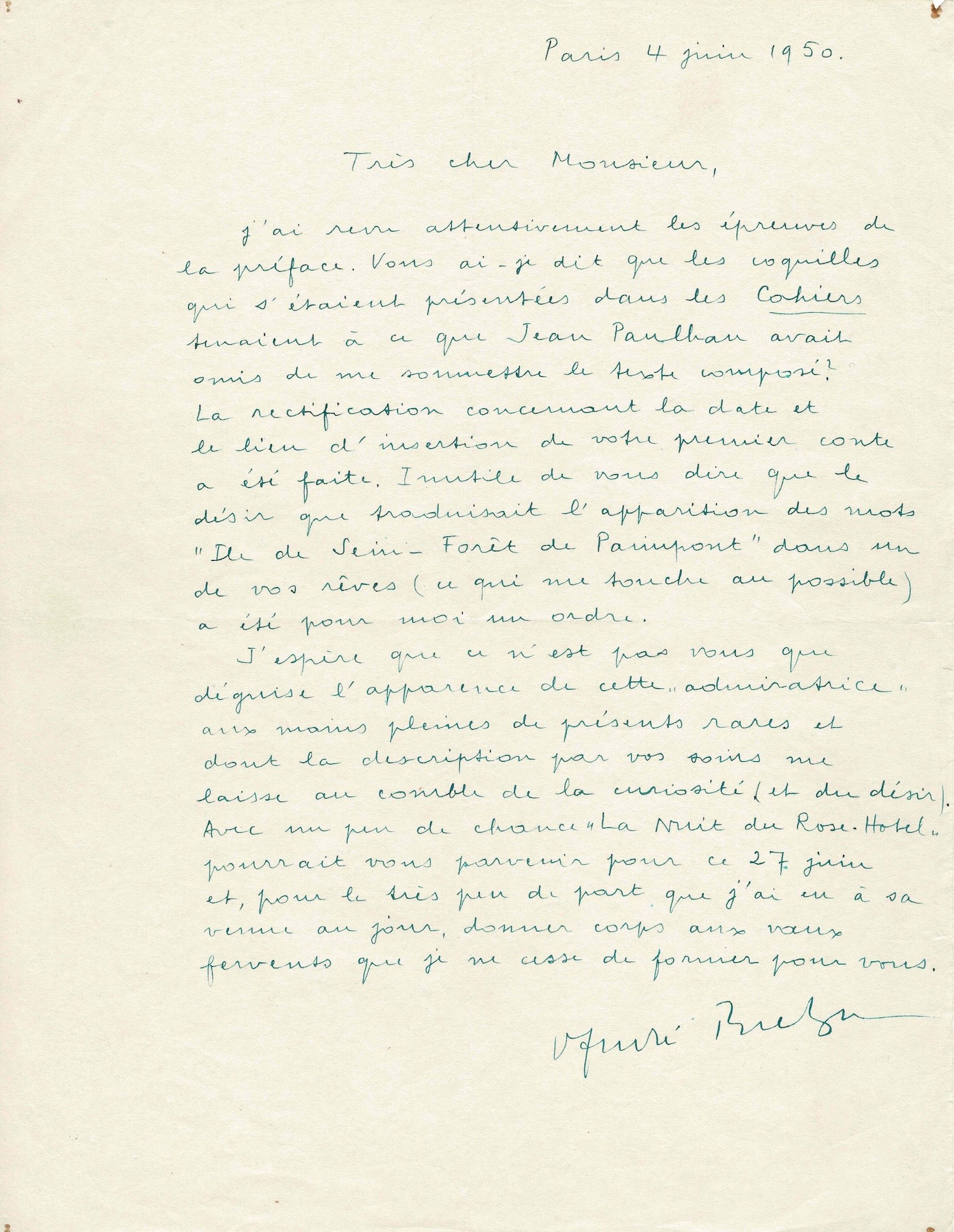 André BRETON termine sa préface au premier roman de Maurice Fourré.