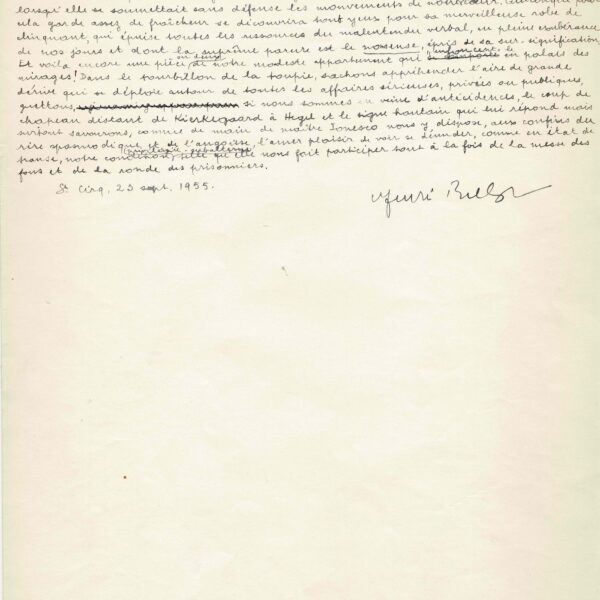 André BRETON – Doppelmanuskript über das Theater und Eugène IONESCO. 1955.