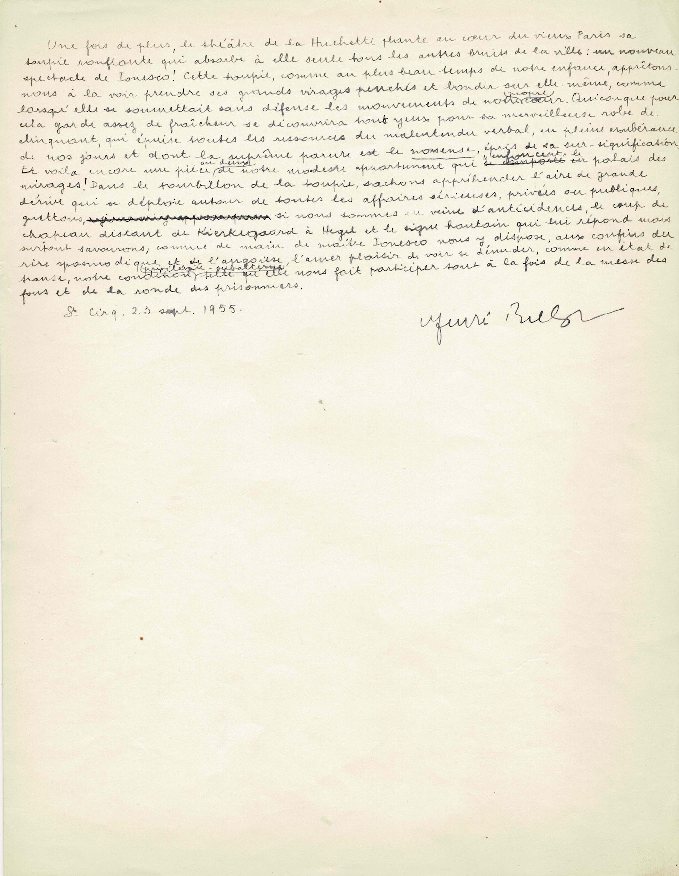 André BRETON - Double manuscrit sur le théâtre et Eugène IONESCO. 1955.