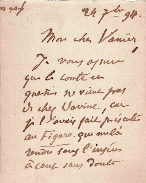 Paul VERLAINE quémande auprès de son éditeur Léon Vanier. 1894.