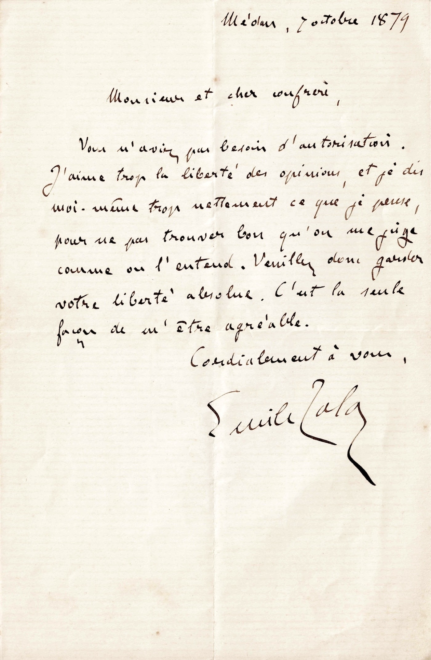 Émile ZOLA calls for absolute freedom of opinion and expression. 1879.