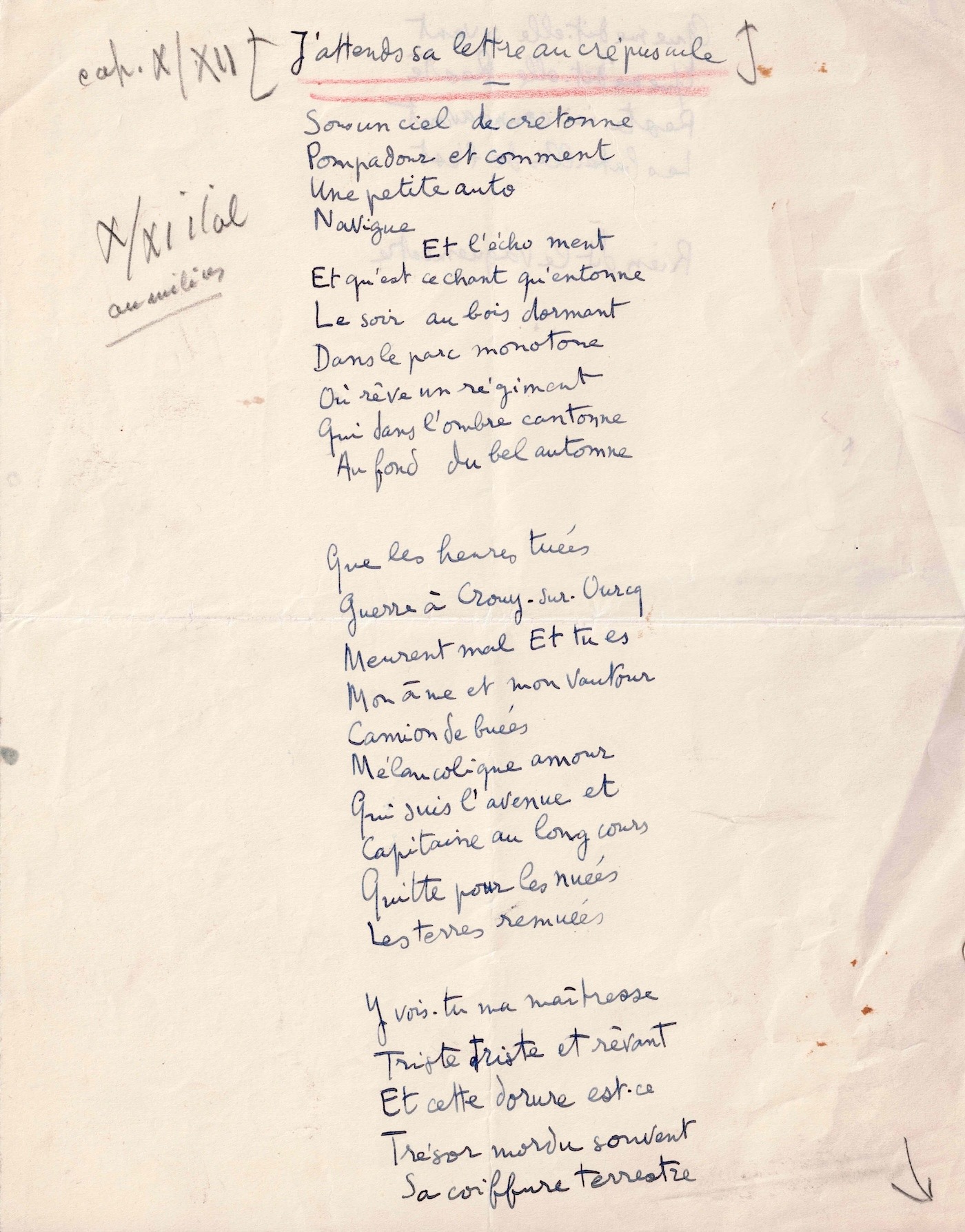 Louis ARAGON  - Poème de guerre – "J’attends sa lettre au crépuscule".