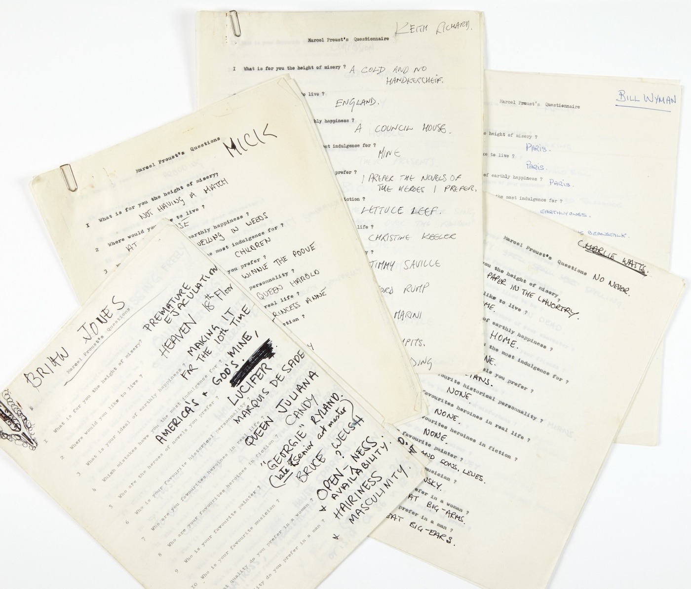 Les ROLLING STONES répondent au questionnaire de Proust. 1966.