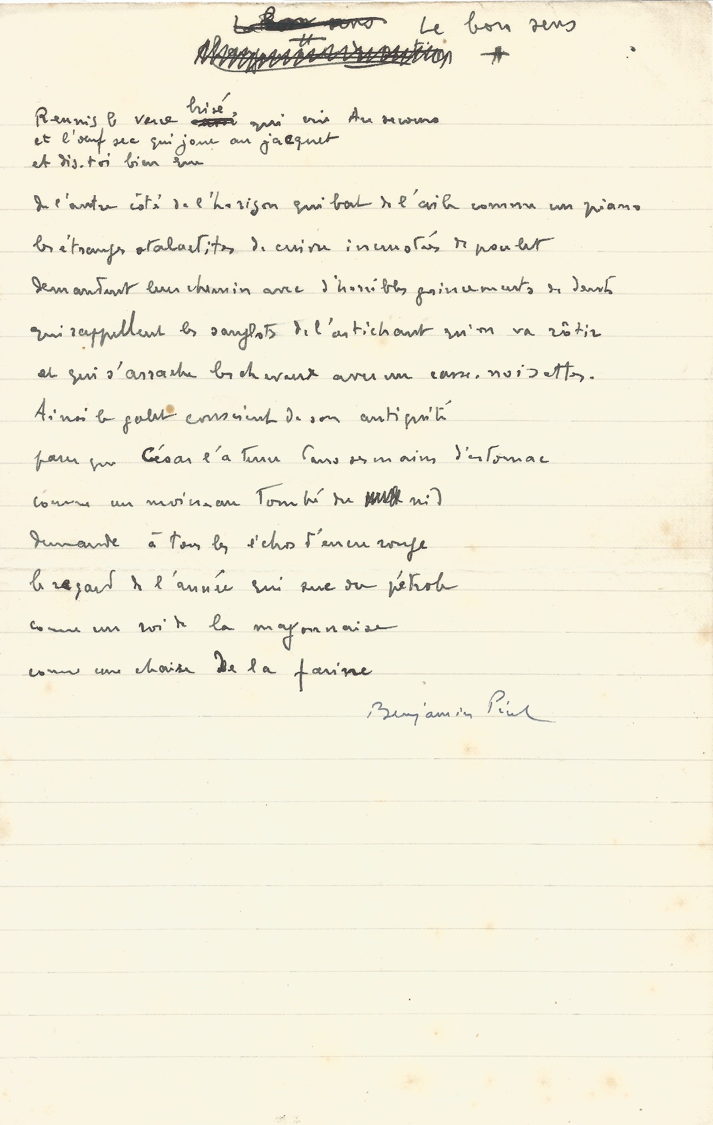 Rare poème surréaliste de Benjamin PÉRET - "Le bon sens".