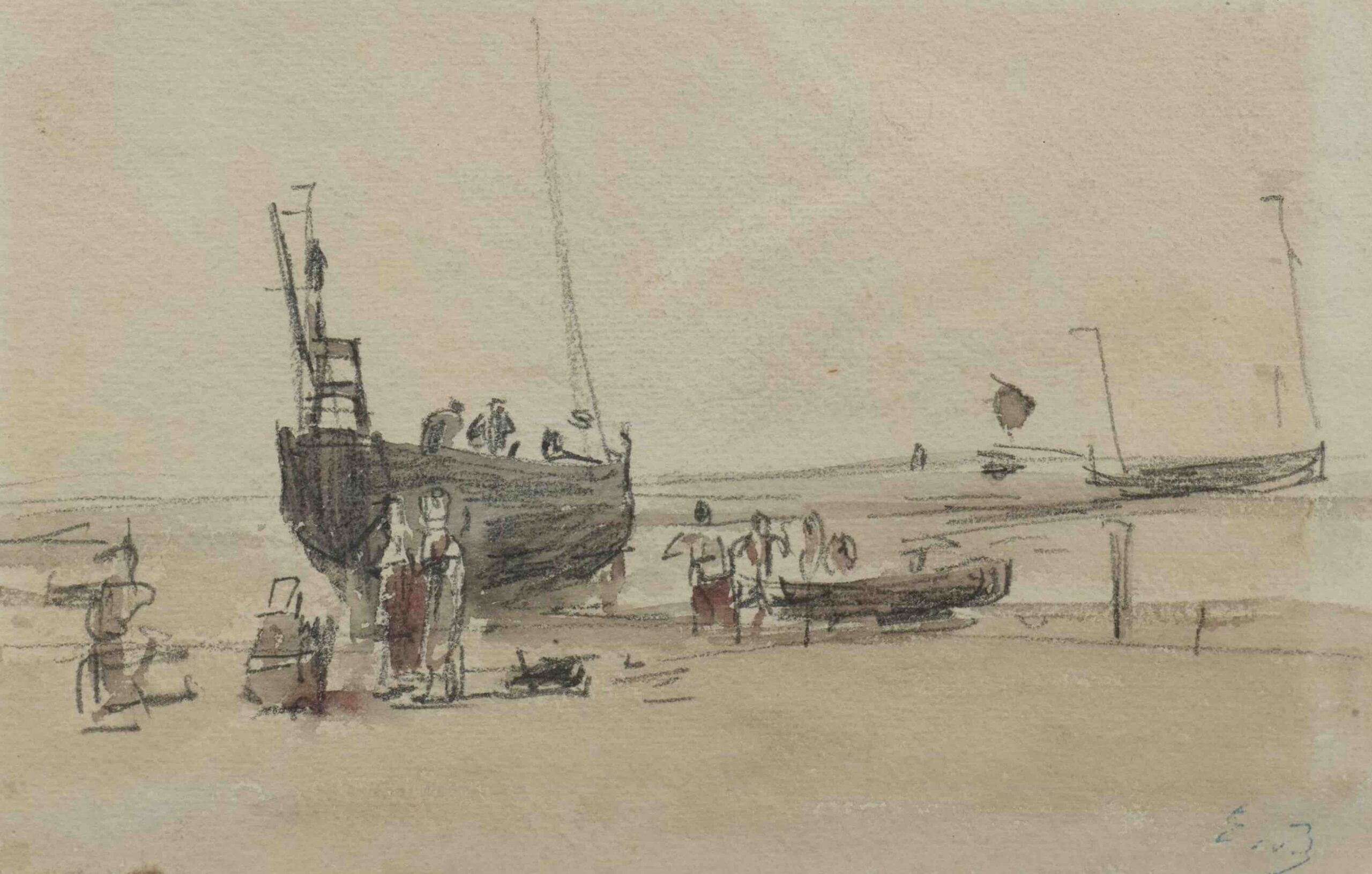 Eugène Boudin esboza una escena costera. Grafito y acuarela.