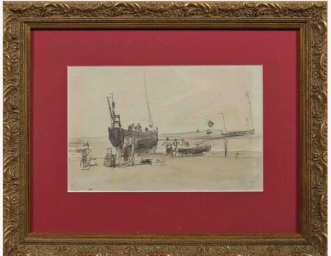 Eugène Boudin dibuja una escena costera. Acuarela original. – Imagen 2