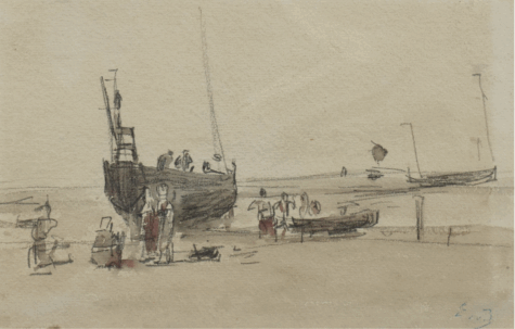 Eugène Boudin dibuja una escena costera. Acuarela original.