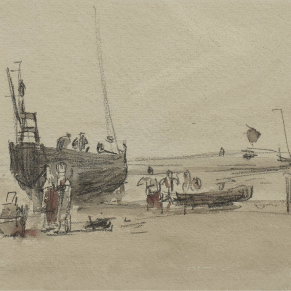 Eugène BOUDIN esquisse une scène de bord de mer. Aquarelle originale.