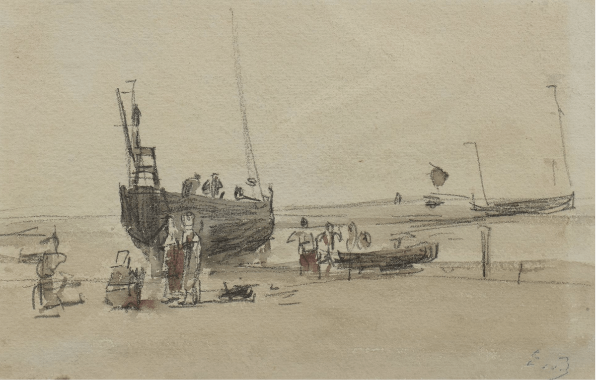 Eugène Boudin dibuja una escena costera. Acuarela original.