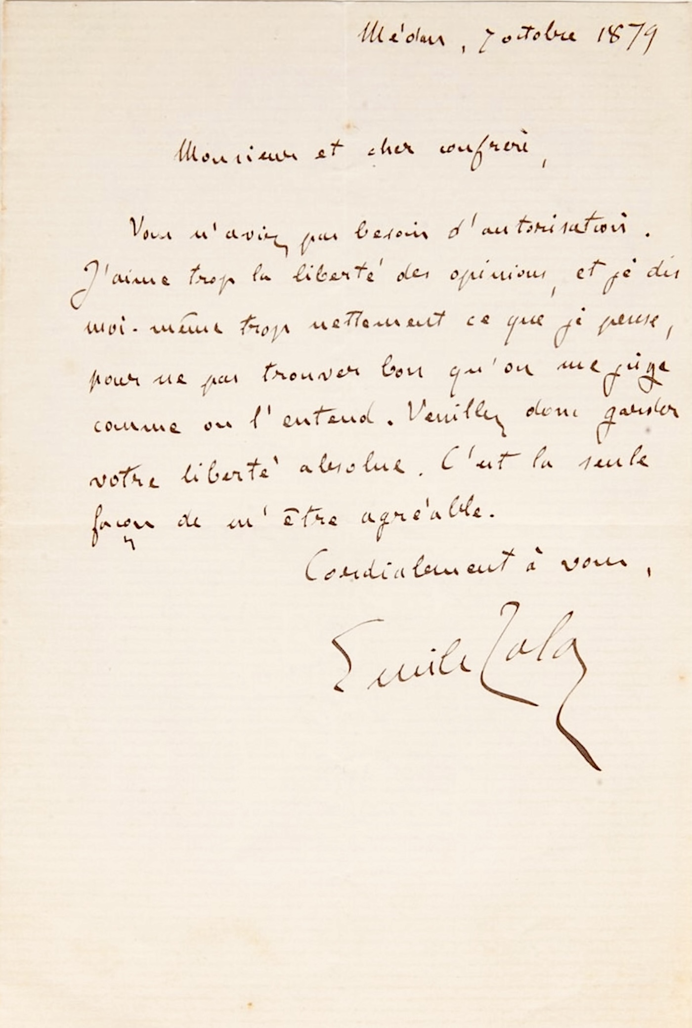 Émile ZOLA reclama la absoluta libertad de opinión y de expresión. 1879.