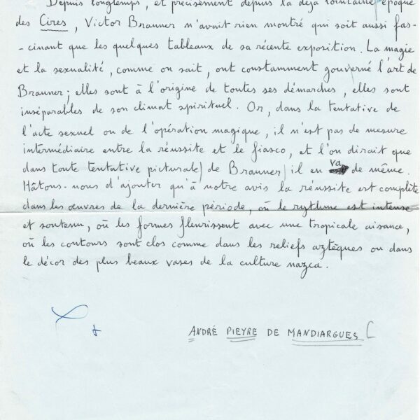 André Pieyre de MANDIARGUES - Manuscrit sur Victor BRAUNER. 1962.