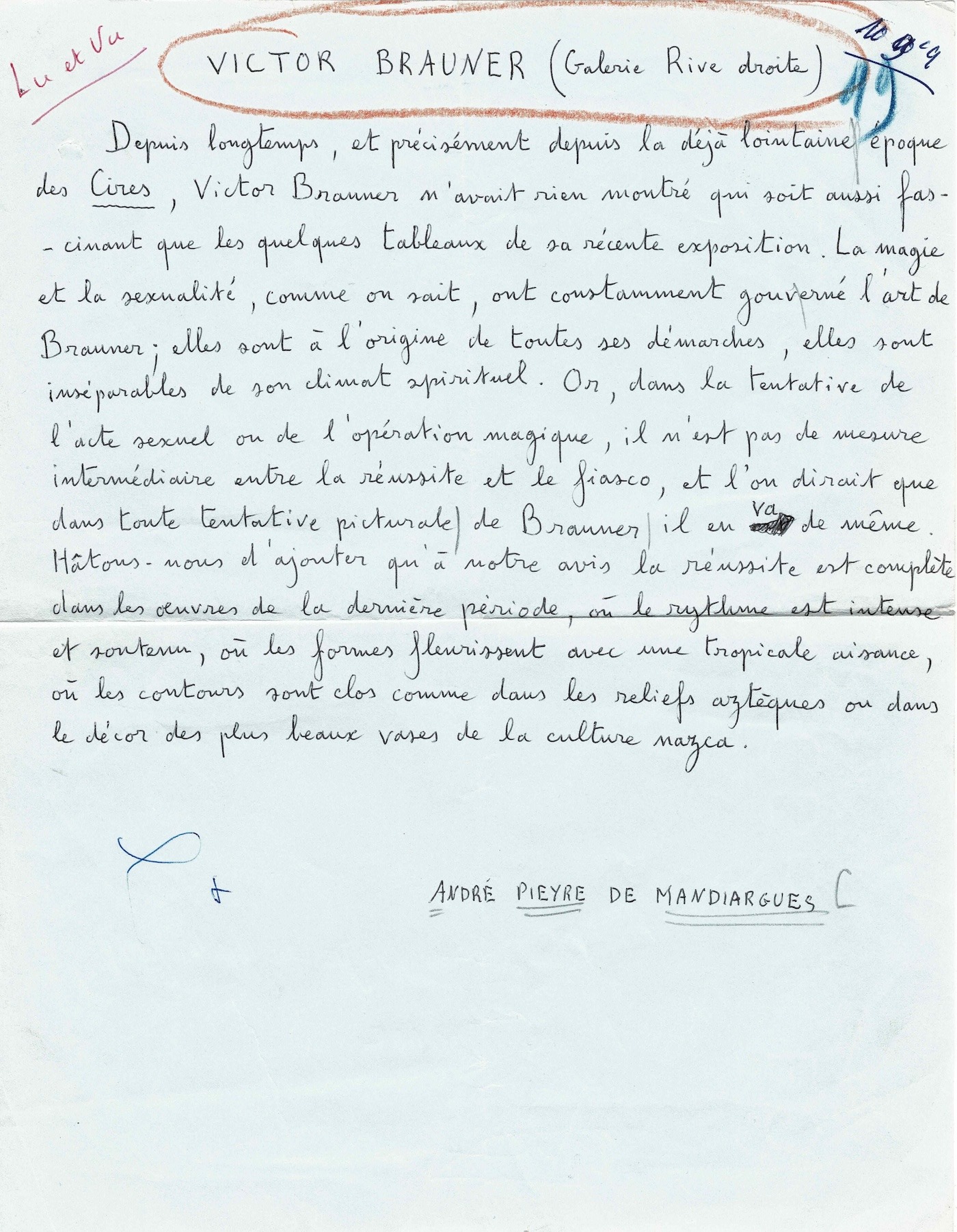 André Pieyre de MANDIARGUES - Manuscrit sur Victor BRAUNER. 1962.