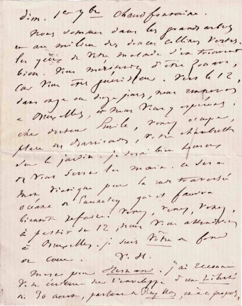 While traveling, Victor Hugo sends a grateful letter to Dr. Allix. 1867.