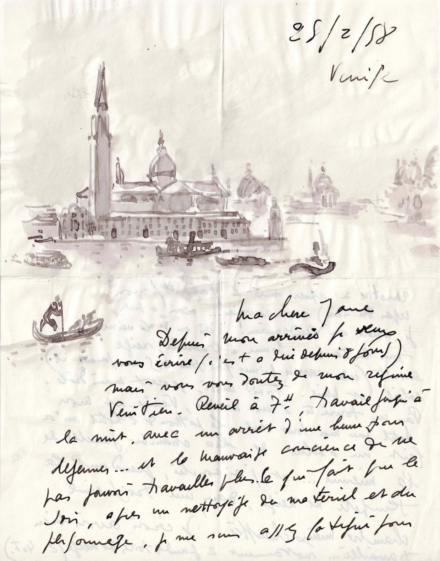 André HAMBOURG - Belle lettre illustrée d'un lavis figurant Venise.
