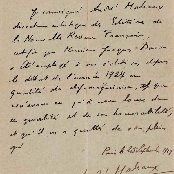 Directeur de la NRF, André MALRAUX délivre une lettre de recommandation.