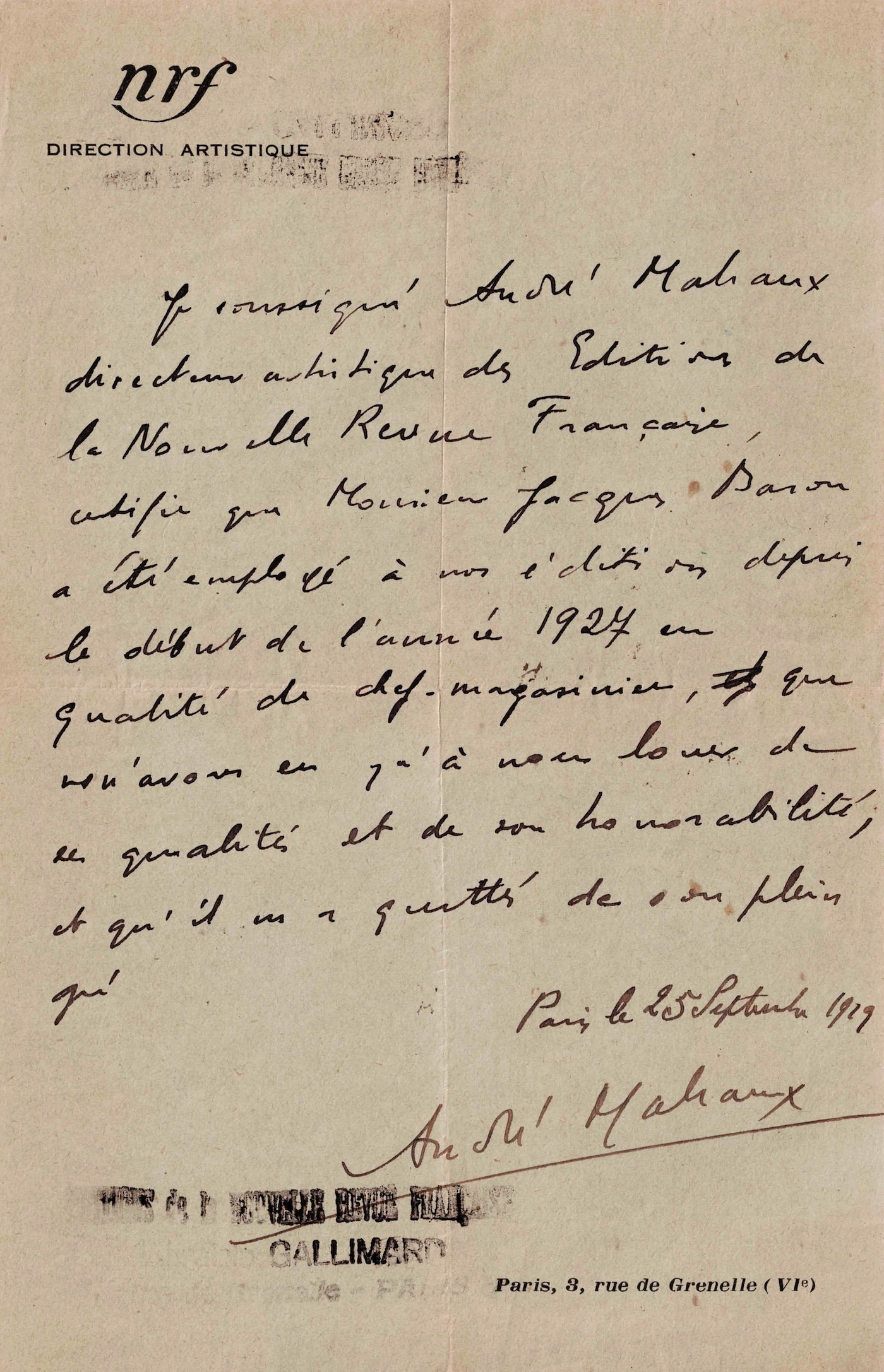 Directeur de la NRF, André MALRAUX délivre une lettre de recommandation.