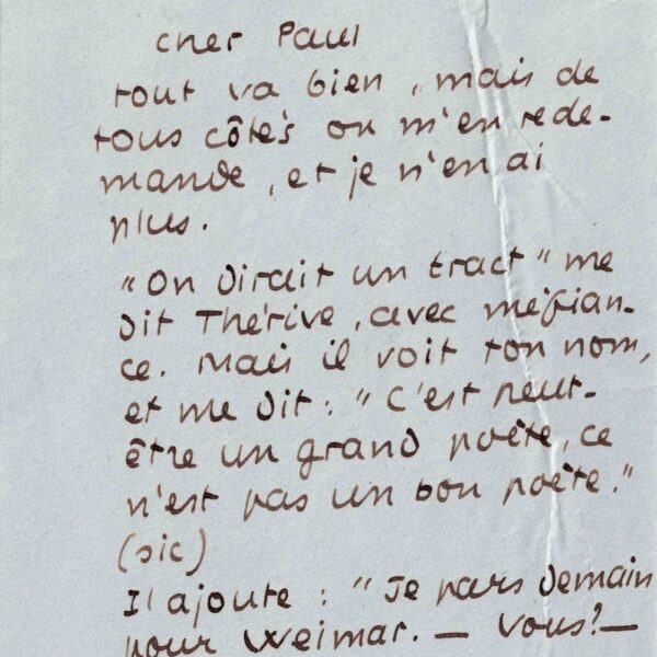 Jean PAULHAN écrit à Paul ÉLUARD à propos de "Poésie et Vérité". 1942.