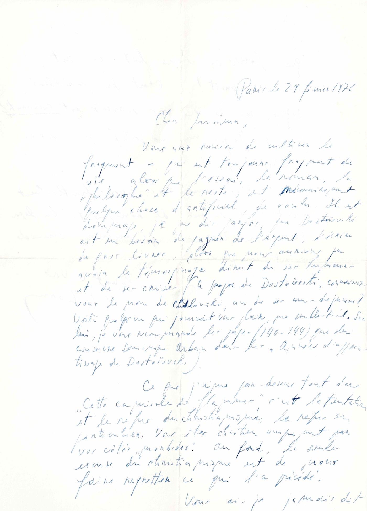 Emil CIORAN devise sur Dostoïevski, le christianisme et le suicide. 1976.