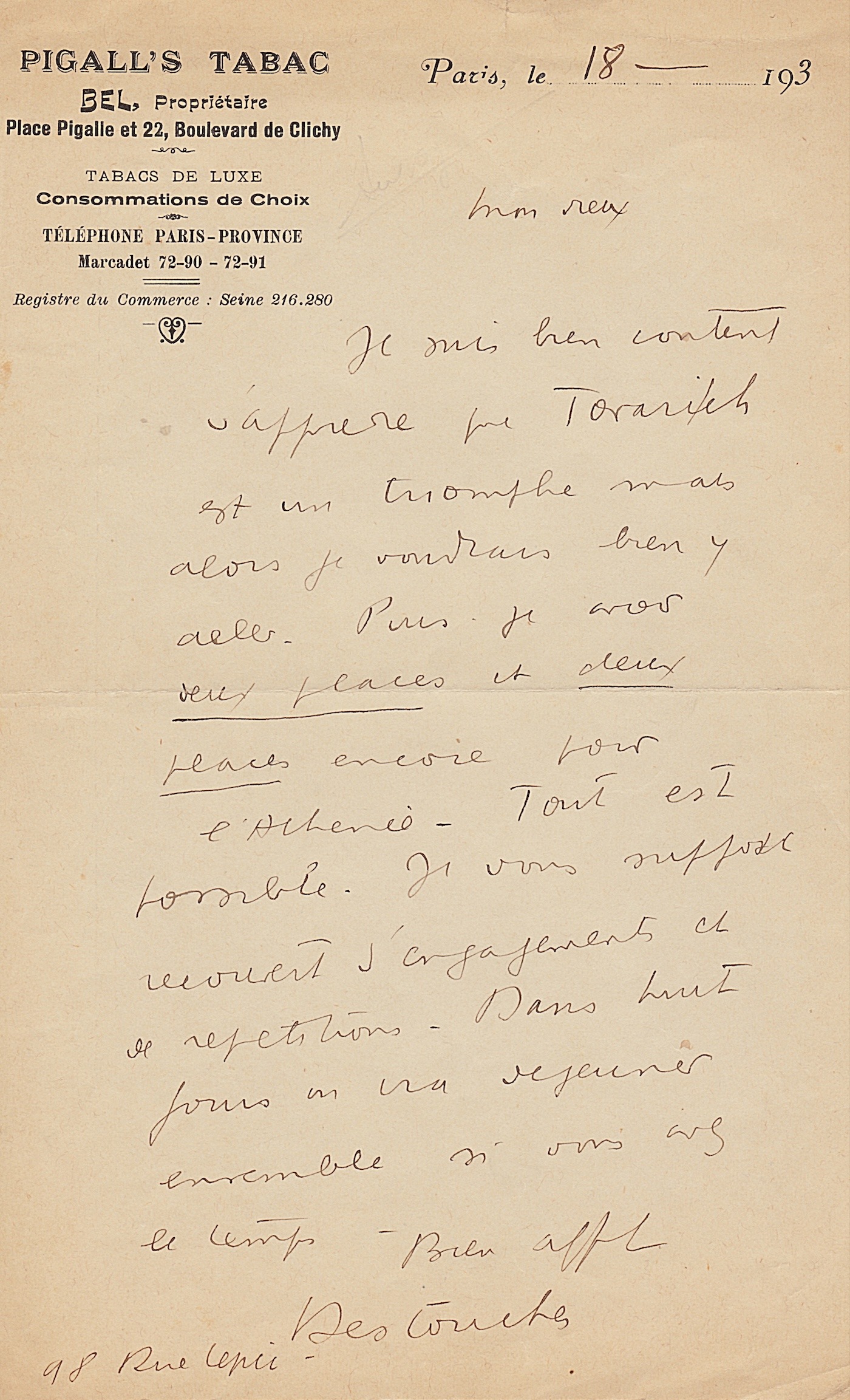 Louis-Ferdinand Céline writes to his friend Jacques Deval. 1933.