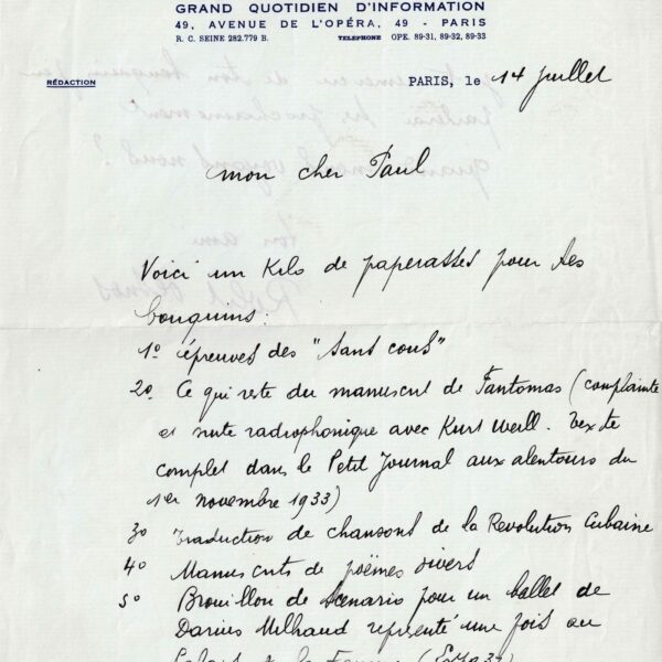 Robert DESNOS envoie ses manuscrits et ses dessins à son ami Paul ÉLUARD.