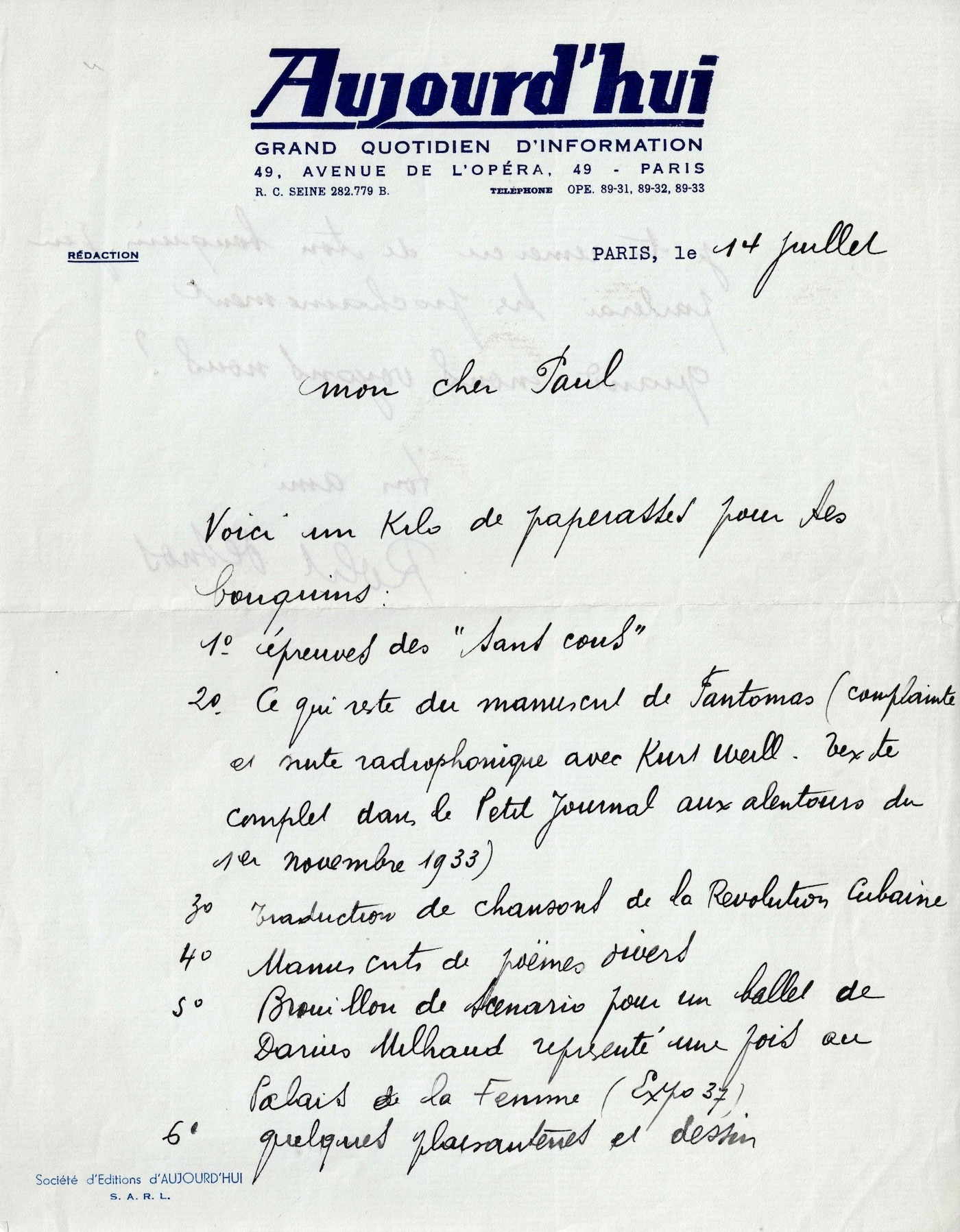 Robert DESNOS envoie ses manuscrits et ses dessins à son ami Paul ÉLUARD.