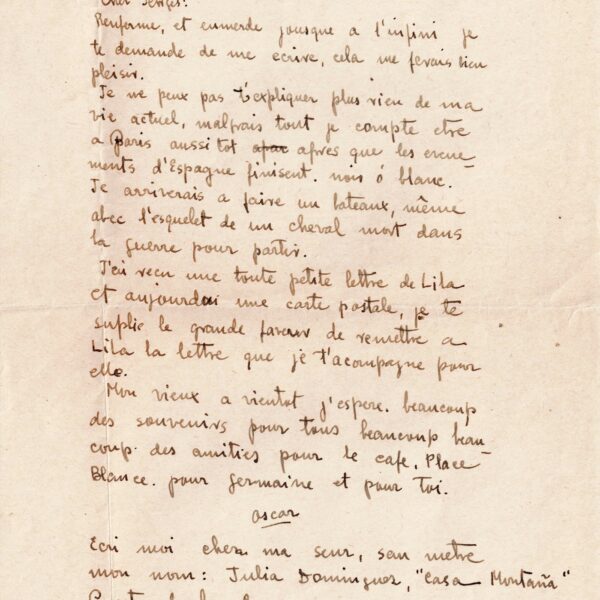 Oscar DOMINGUEZ envoie une lettre poignante à son ami Georges Hugnet.