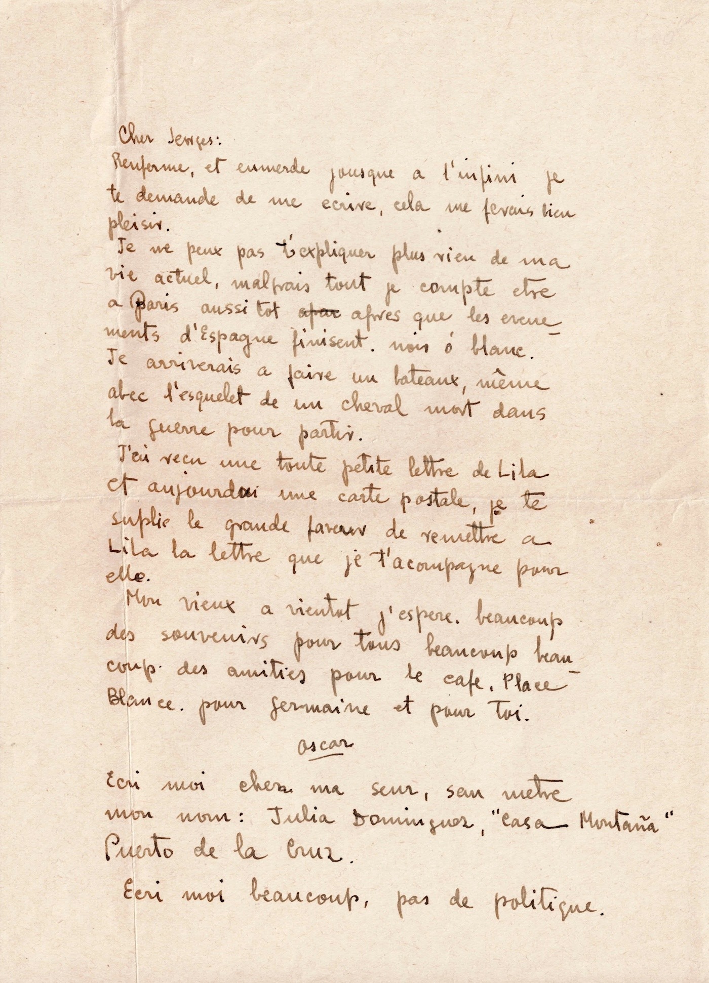 Oscar DOMINGUEZ envoie une lettre poignante à son ami Georges Hugnet.