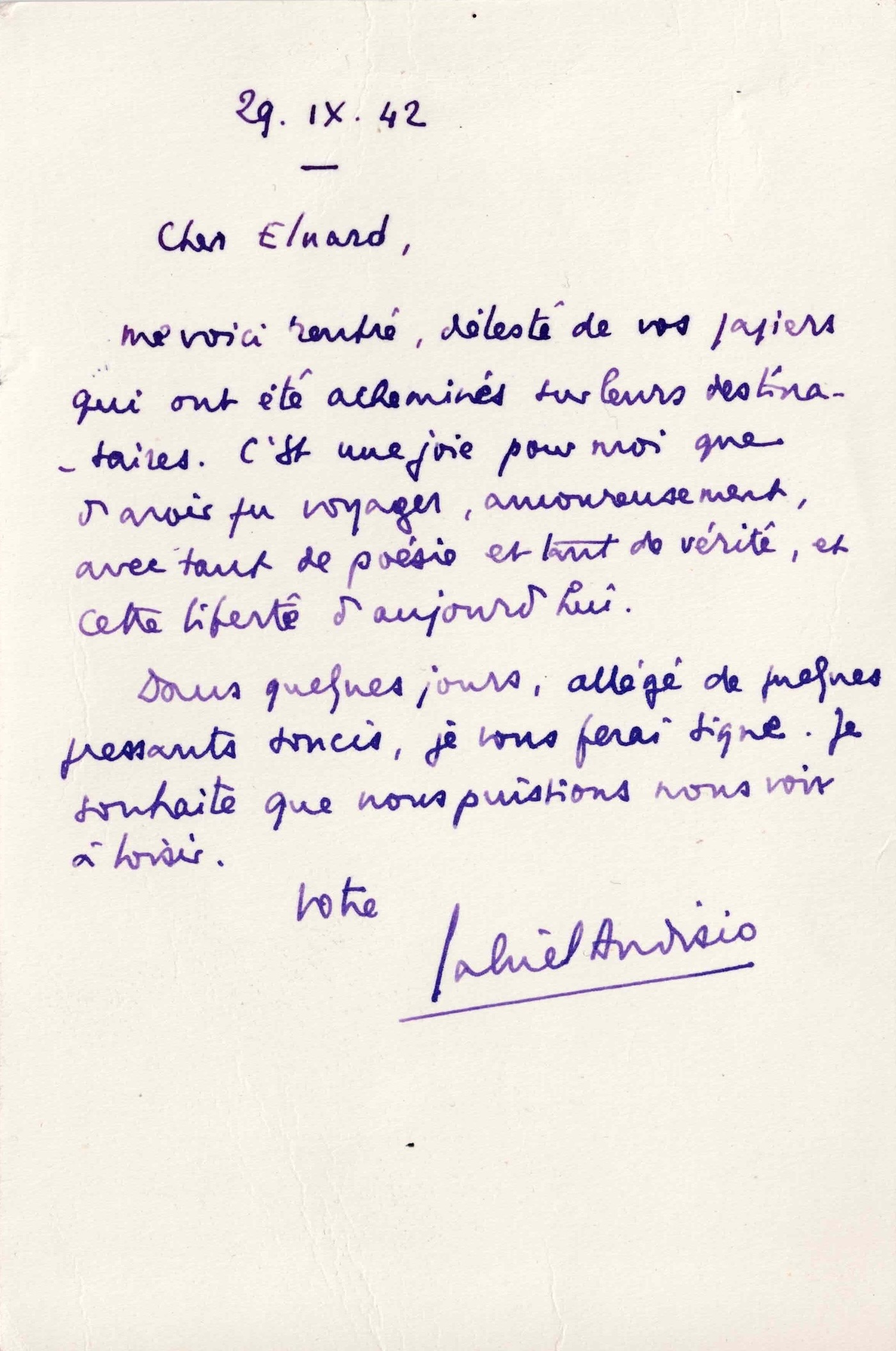 Deux lettres adressées à Paul ÉLUARD relatives à "Poésie et Vérité". 1942.