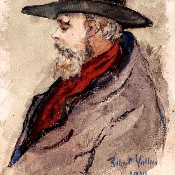Paul VERLAINE au chapeau et à l'écharpe rouge. Aquarelle originale.