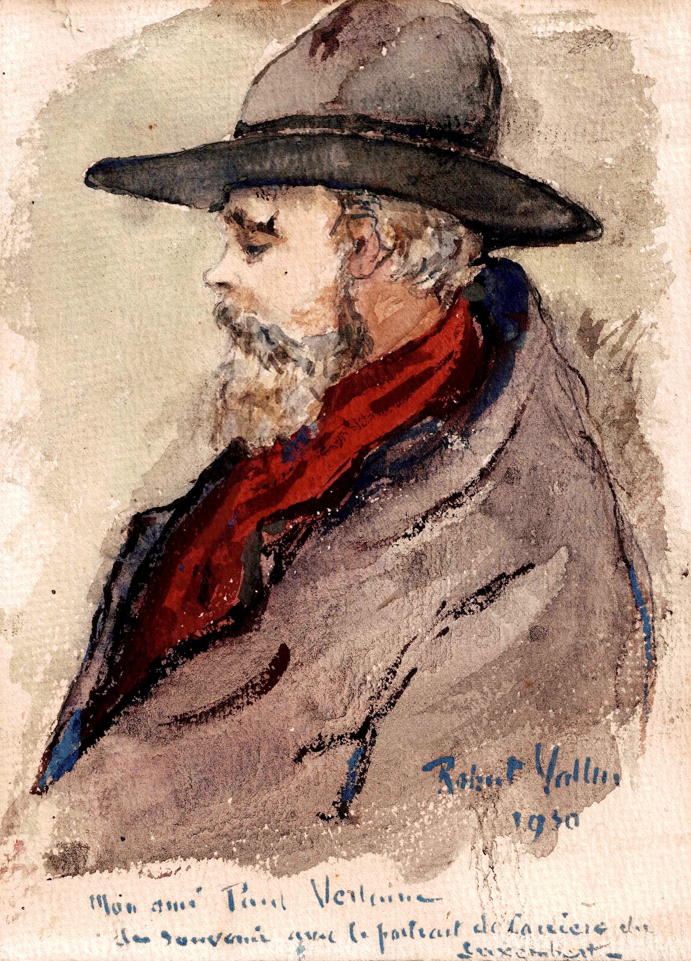 Paul VERLAINE au chapeau et à l'écharpe rouge. Aquarelle originale.