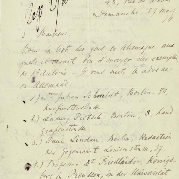 Ivan Turgenev endorses the book by his friend Gustave Flaubert. 1874.