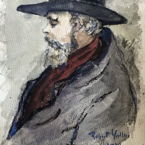 Paul VERLAINE au chapeau et à l'écharpe rouge. Aquarelle originale.