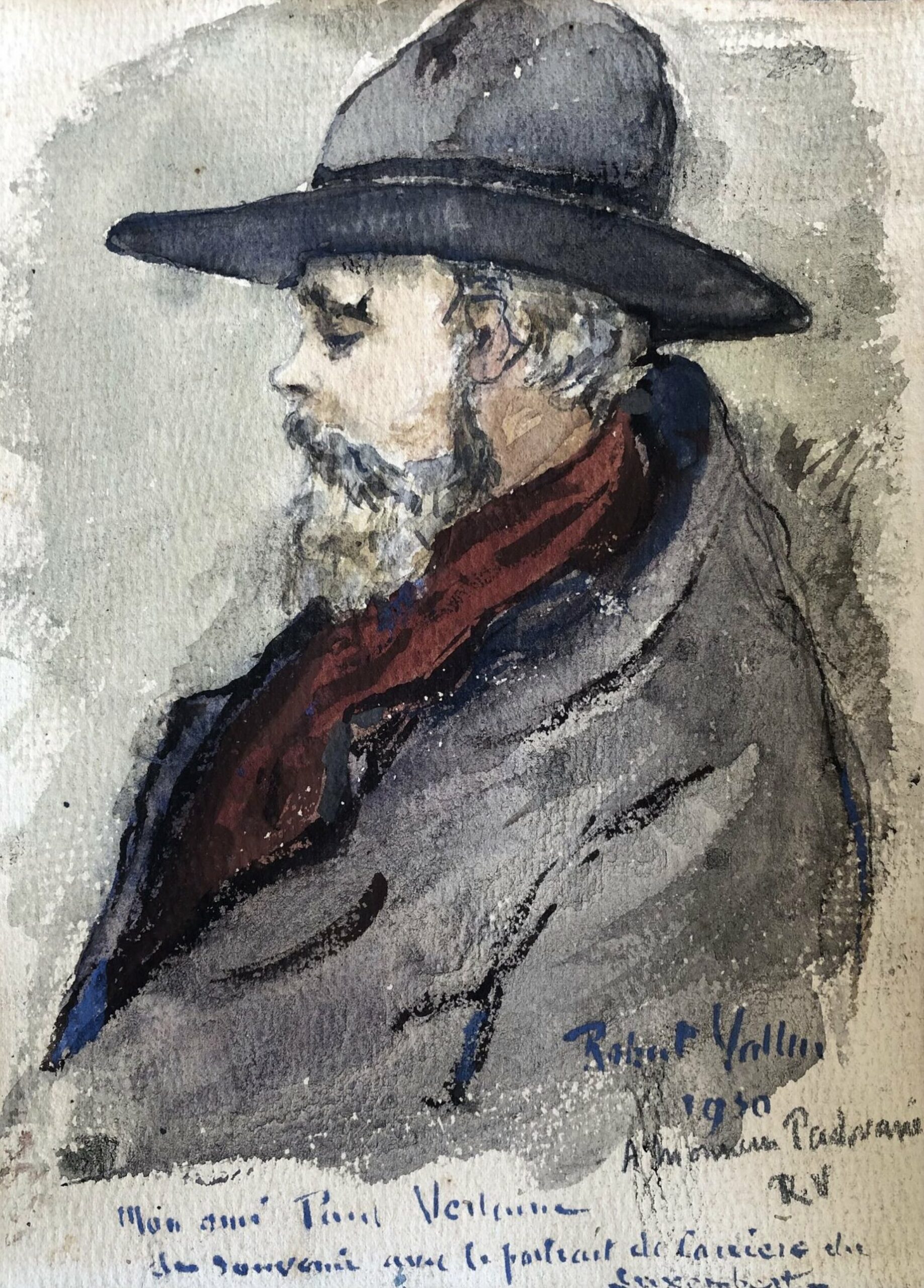 Paul VERLAINE au chapeau et à l'écharpe rouge. Aquarelle originale.