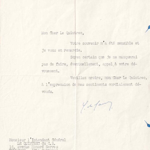 Au crépuscule de la guerre, Charles de GAULLE remercie A.M. LE QUINTREC.