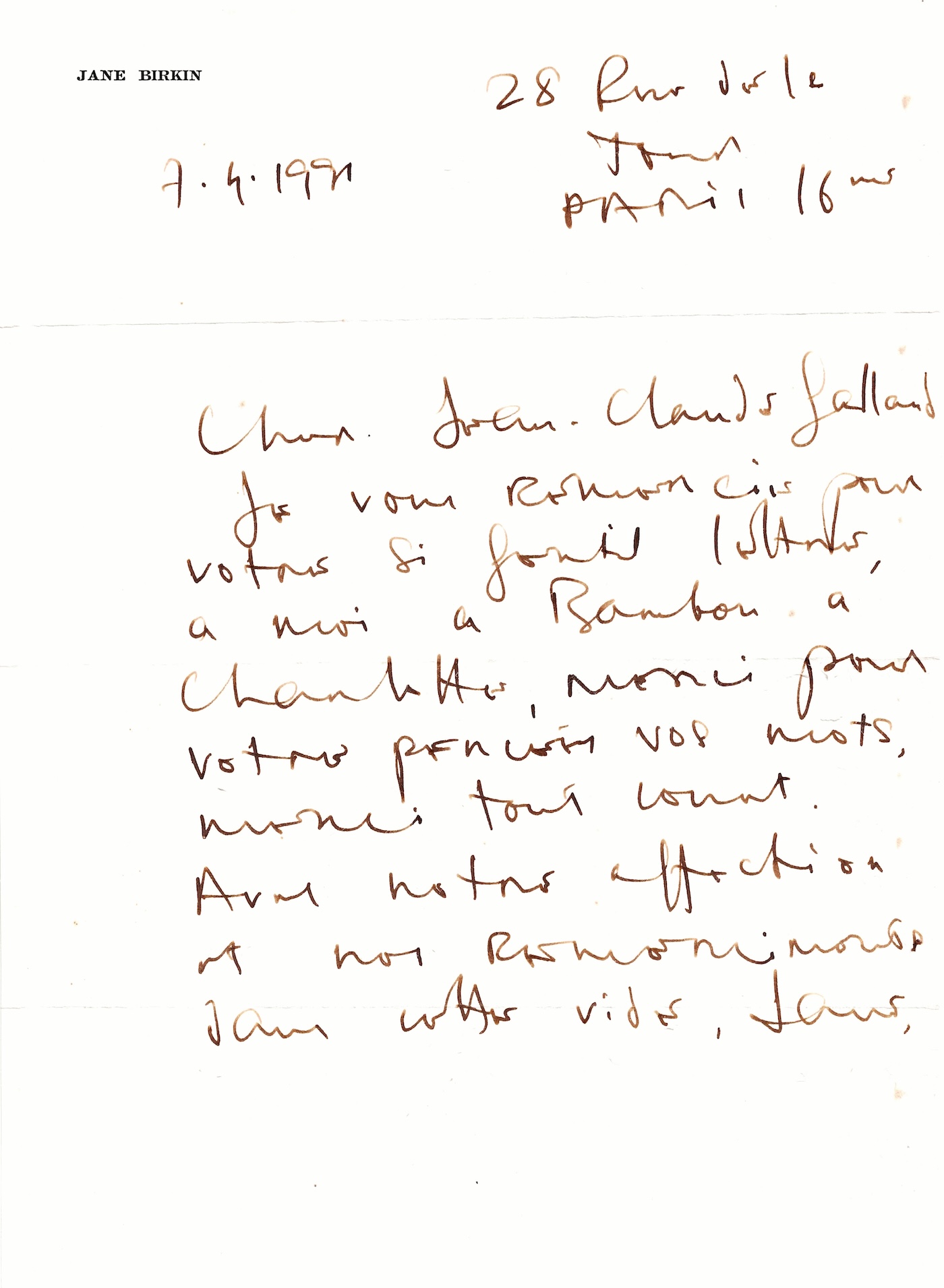 Jane Birkin está devastada por la muerte de Serge Gainsbourg. Abril de 1991.