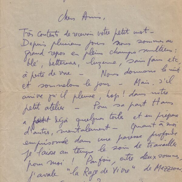 Interesante carta sobre la obra artística de Hans HARTUNG. 1950.