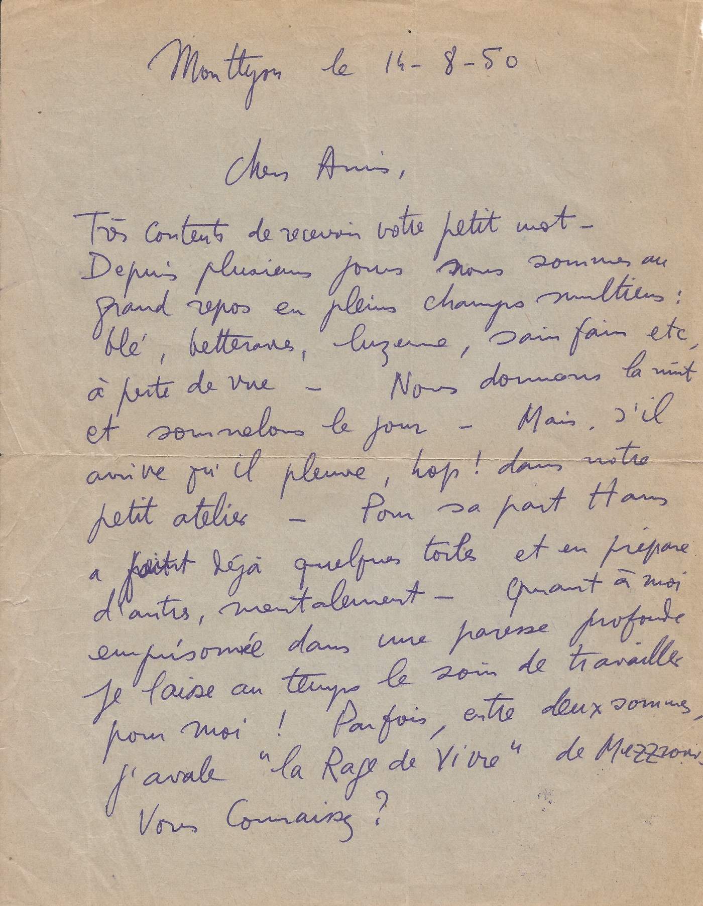 Interesante carta sobre la obra artística de Hans HARTUNG. 1950.