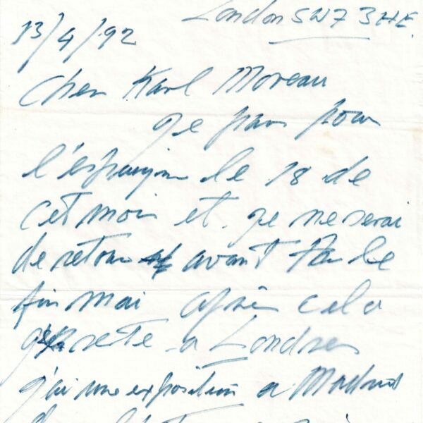 1992 : Francis BACON s'en va mourir à Madrid. L'une de ses dernières lettres.