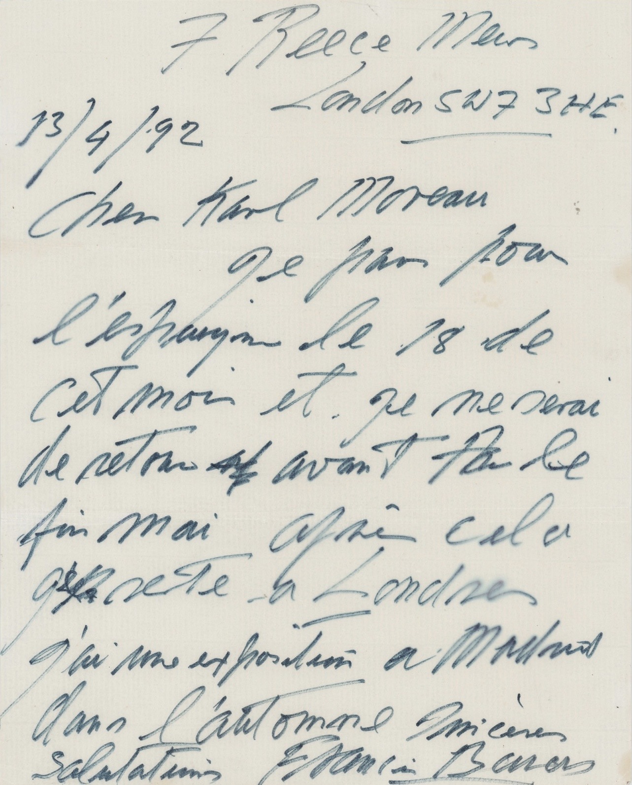 1992 : Francis BACON s'en va mourir à Madrid. L'une de ses dernières lettres.