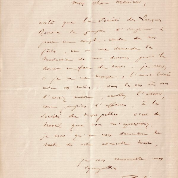 Frédéric MISTRAL s’inquiète d’une traduction en langue occitane. 1875.
