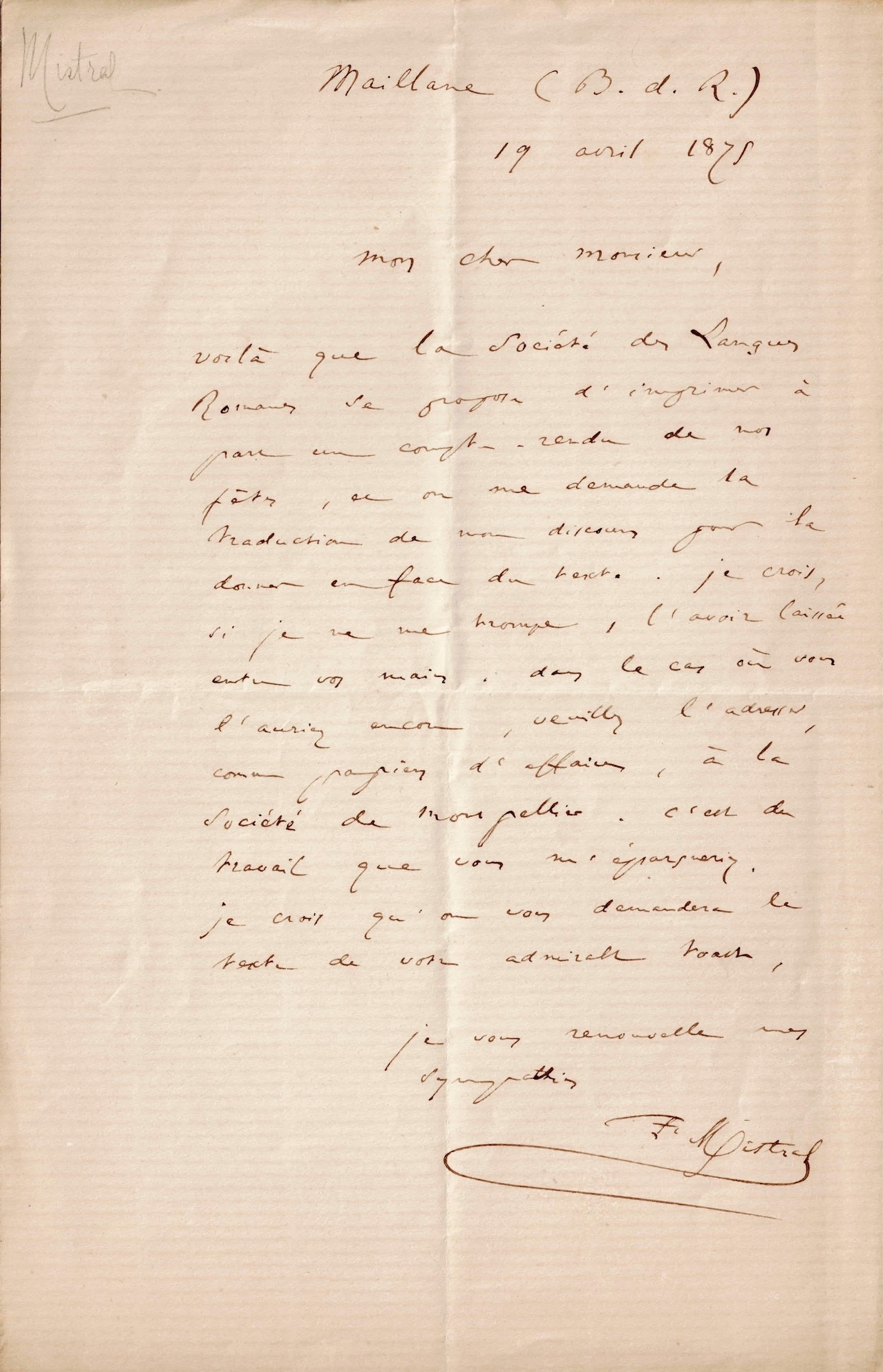 Frédéric Mistral is concerned about a translation into the Occitan language. 1875.