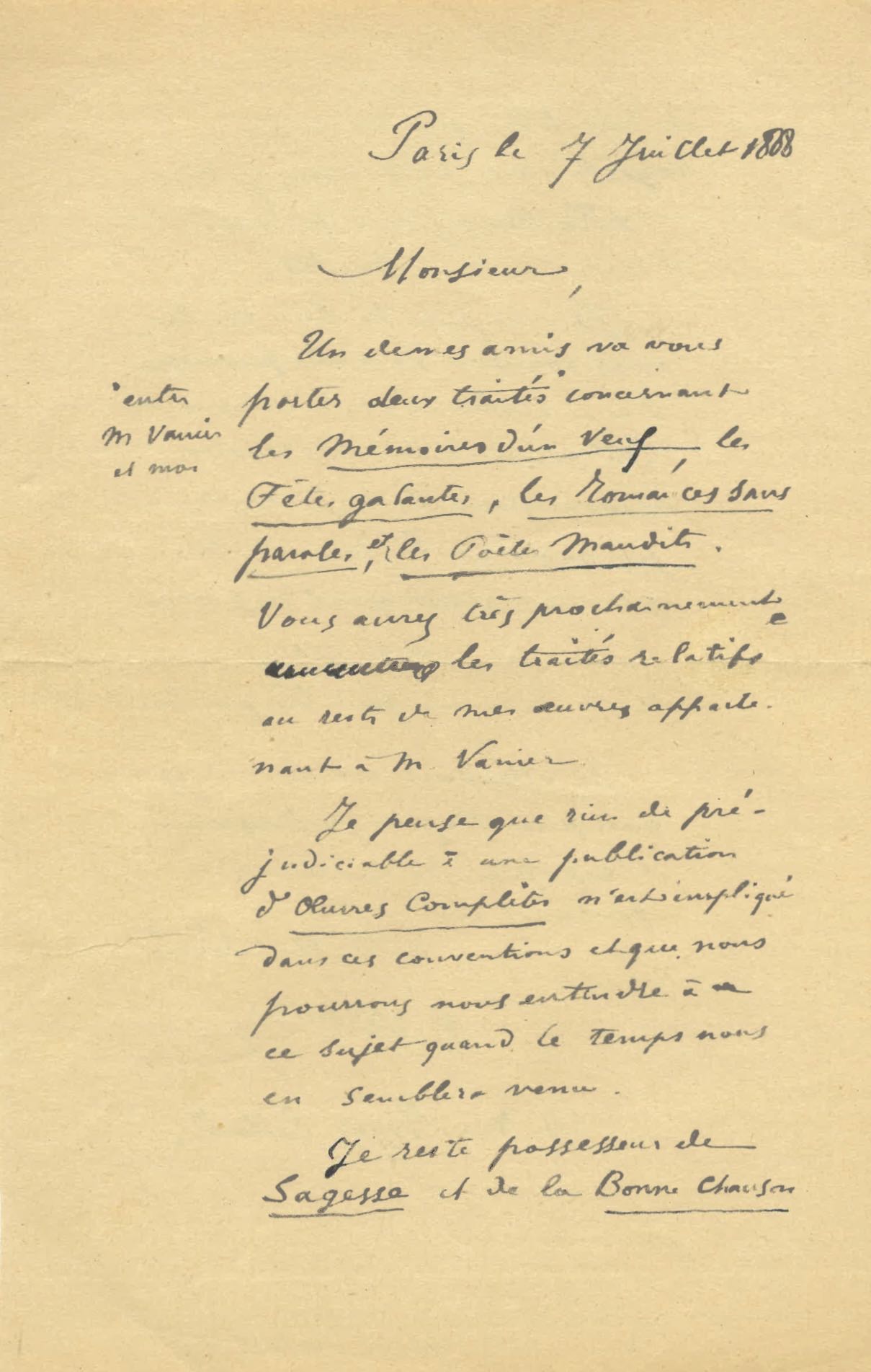 Paul VERLAINE décide de quitter son éditeur Léon Vanier. 1888.